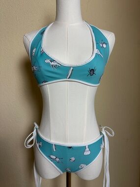 Reversible Teal & White Science Print Tie-Side Bikini Set
